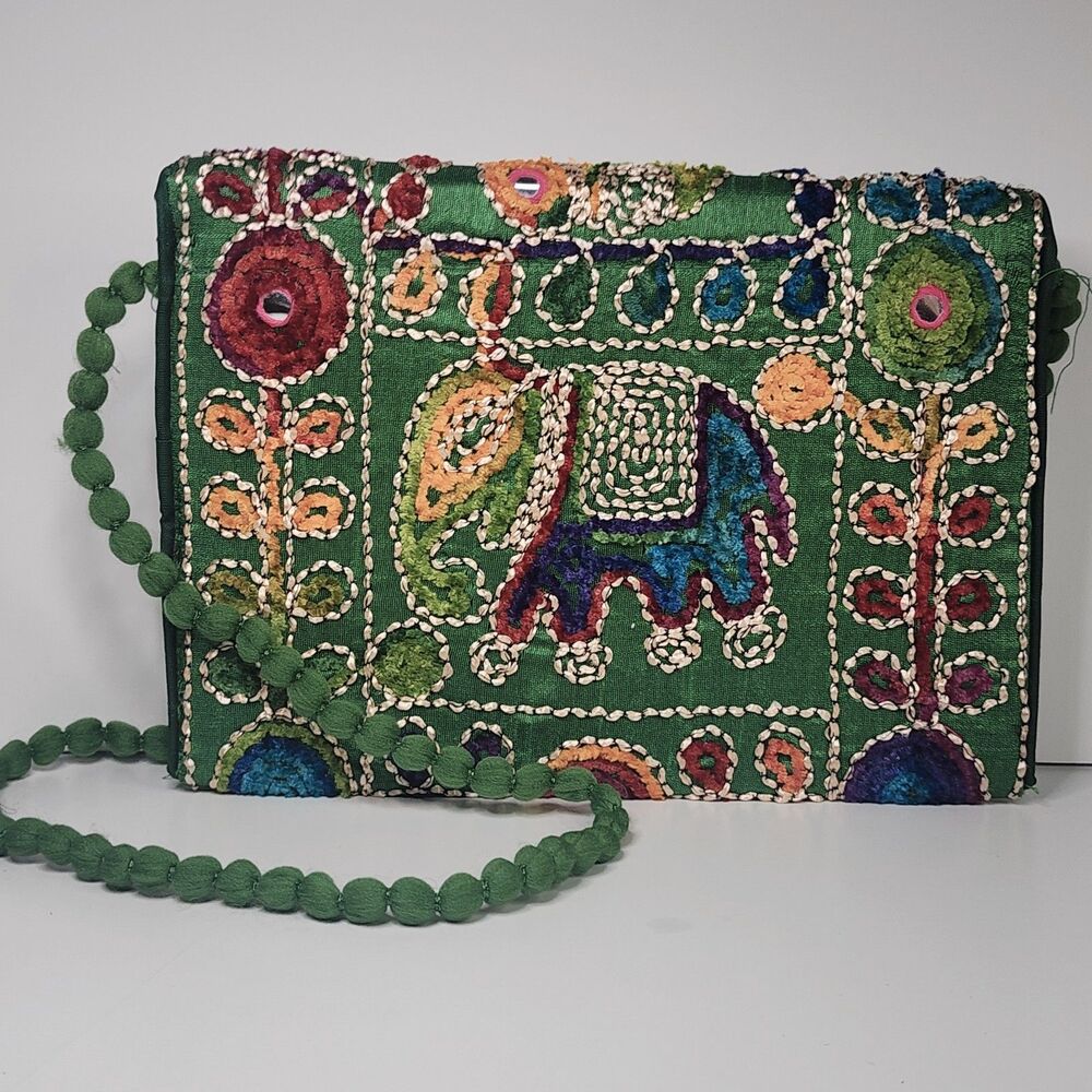 Vintage Boho Green Mirror Work Embroidered Clutch Ethnic Banjara Festival Bag